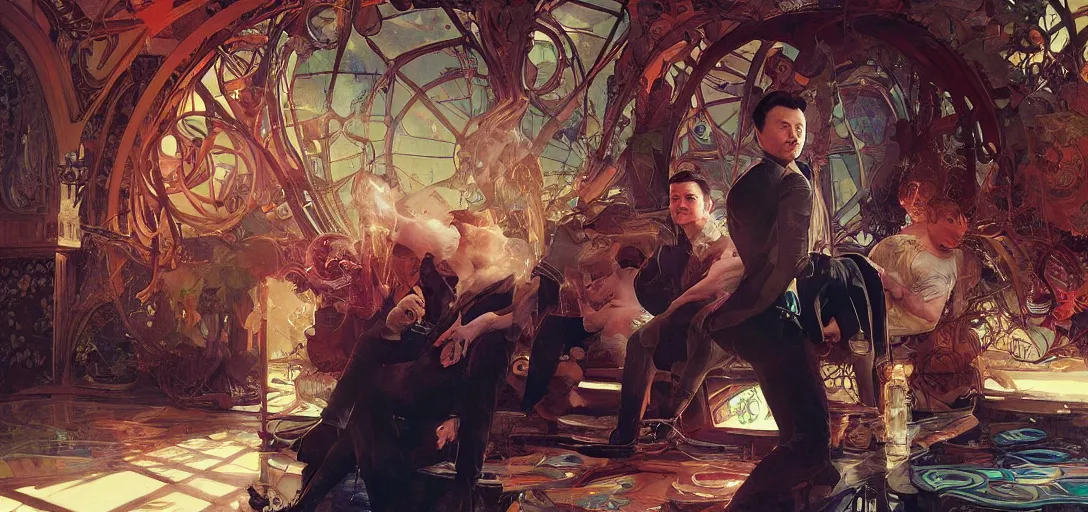 Prompt: Elon musk as the lead singer of bring me the horizon by Stanley Artgerm Lau, greg rutkowski, thomas kindkade, alphonse mucha, loish, norman Rockwel