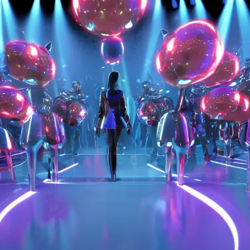 Image similar to promotional movie still wide - angle 3 0 m distance. fuzzy pearlescent robots ( ( cat ) ) 1 million into the future ( 1 0 0 2 0 2 2 ad ) like disco music, disco balls, dance - off contests. very dramatic atmospheric volumetric lighting, octane 3 d render, ue 5, imax, saturday night fever ( film )