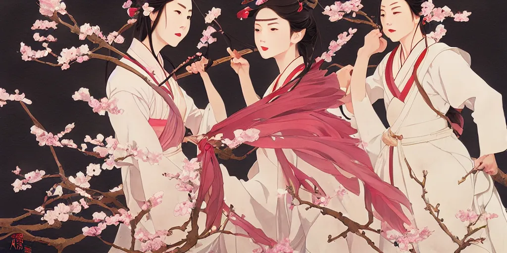 Image similar to wuxia, cherry blossom, in the style of studio ghibli, j. c. leyendecker, greg rutkowski, artem