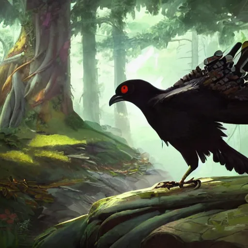 Image similar to concept art painting of an anthropomorphic humanoid steampunk crow, in the deep forest, realistic, detailed, cel shaded, in the style of makoto shinkai and greg rutkowski and james gurney