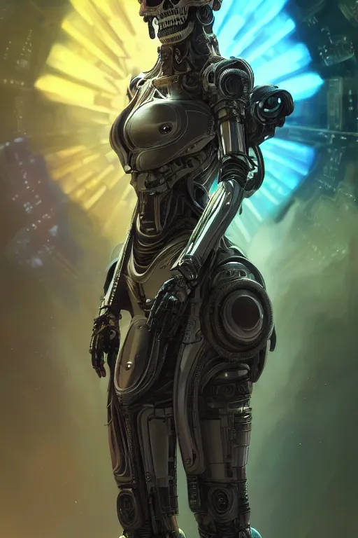 Image similar to ultra detailed, female android, scifi, fantasy, octane render, ( dia de los muertos, triadic color scheme, asymmetrical, intricate detailed, global illumination, concept art, art by godmachine and michael welan and rossdraws and artgerm and greg rutkowski and alphonse mucha and loish and wlop. 8 k, hdr