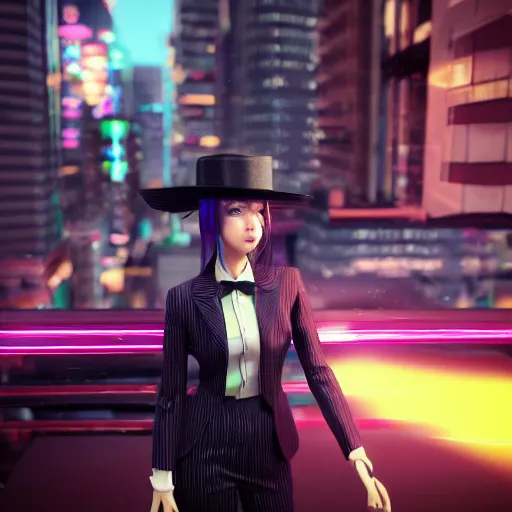 Prompt: beautiful anime woman, pinstripe suit, top hat, cyberpunk background, rendered in octane, unreal engine, raining, highly detailed, trending on artstation, realistic, neon