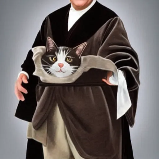 Image similar to “ george costanza from seinfeld with the body of a cat, wearing velvet robe, very realistic, very detailed ”