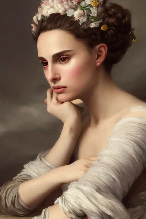 Image similar to Nathalie Portman portrait in a fantasy comic book, style portrait painting of François Boucher, Oil Painting, unreal 5, DAZ, hyperrealistic, octane render, Regal, Refined, Detailed Digital Art, RPG portrait, William-Adolphe Bouguereau, Michael Cheval, dynamic lighting, Highly Detailed, Cinematic Lighting, Unreal Engine, 8k, HD