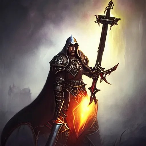 Image similar to portrait of a crusader in the style of Diablo, fighting demons, consecration