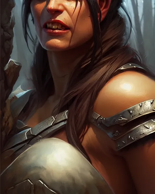 Image similar to a female orc barbarian | | realistic shaded, fine details, realistic shaded lighting poster by greg rutkowski, magali villeneuve, artgerm, jeremy lipkin and michael garmash and rob rey