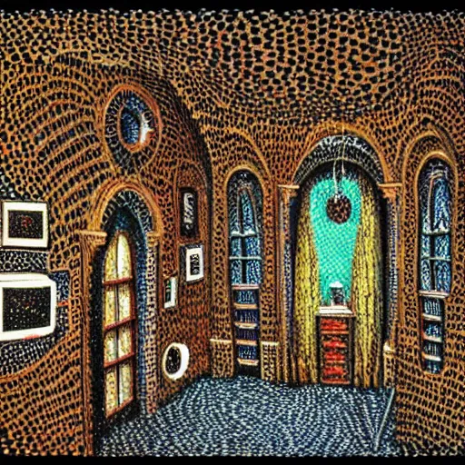 Image similar to interior of a vampire's house in the style of kinetic pointillism, intricate hyper detailed, hd