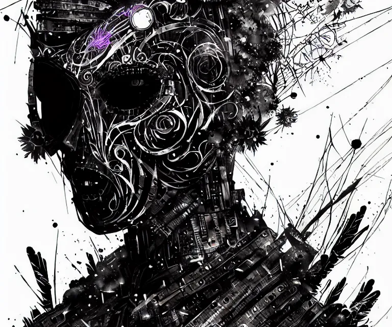 Prompt: gothic mute hybrid cyborg wearing cybor clothes shaping the universe, freedom fighter, eerie, cinematic, epic, 8 k, ultra realistic, rendered by awesomeness. | nights falling wind is blowwing snow is pilling concept art in style of carne griffiths artwork by xsullo. | backround of beautiful floweres floatingby elson, peter kemp, peter