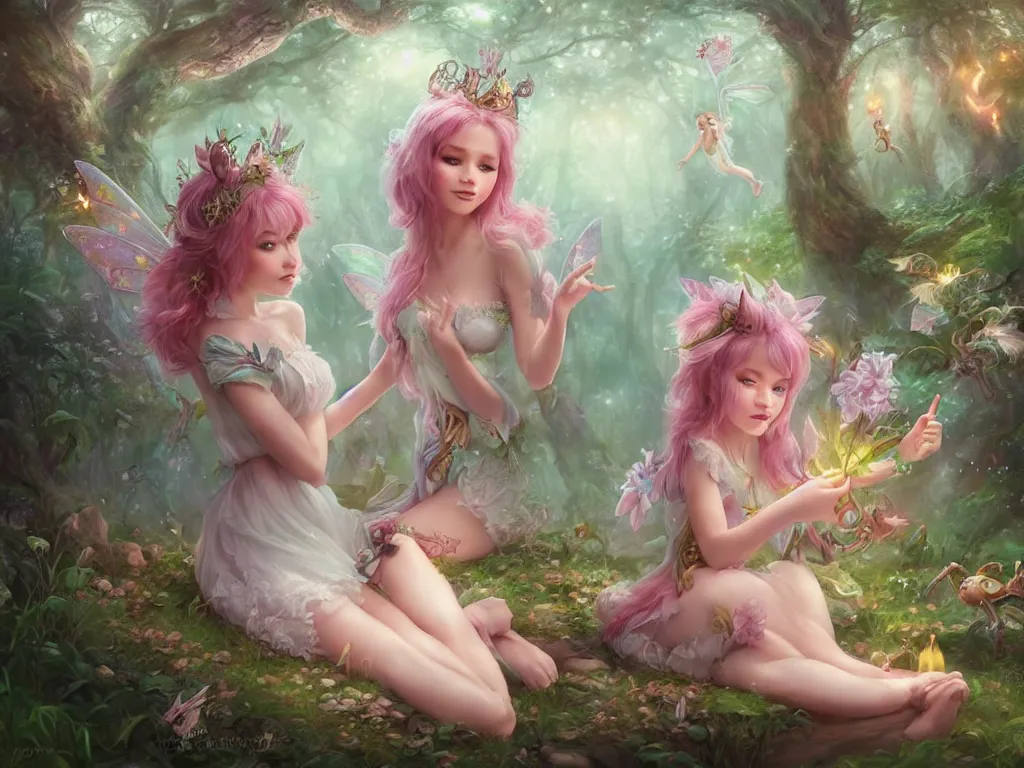 Image similar to two cute fairy in the dreamy forest, fantasy, dreamlike, 8 k resolution, hyper detailed, d & d, character design, digital painting, trending on artstation, sharp focus, illustration, art by artgerm, viktoria gavrilenko, hoang lap, fuji choko, steve zheng