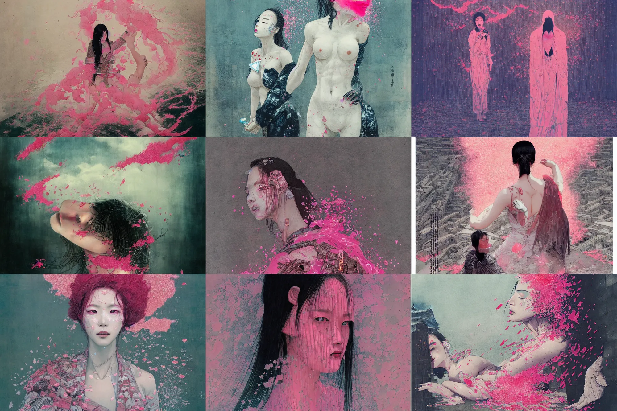 Prompt: lee jin - eun emerging from pink maelstorm at himeji castle on pamukkale in cyberpunk theme by conrad roset, nicola samuri, dino valls, m. w. kaluta, rule of thirds, seductive look, beautiful