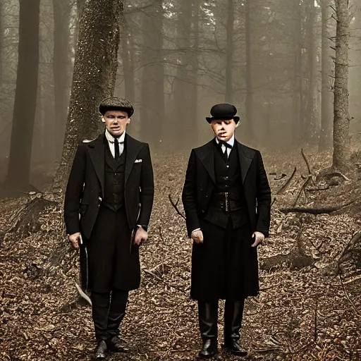 Prompt: medium long shot, 3 / 4 shot, full body picture of cillian murphy and tom hardy posing, sharp eyes, serious expressions, in the style of peaky blinders, detailed, black and white, misty woods, epic photo by talented photographer diane arbus