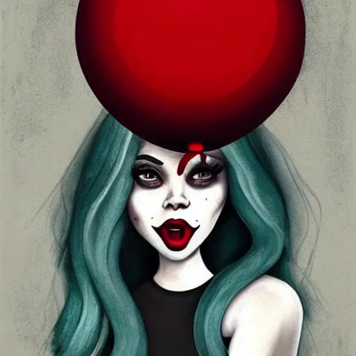 Image similar to grunge cartoon painting of kylie jenner with a wide smile and a red balloon by chris leib, loony toons style, pennywise style, corpse bride style, horror theme, detailed, elegant, intricate