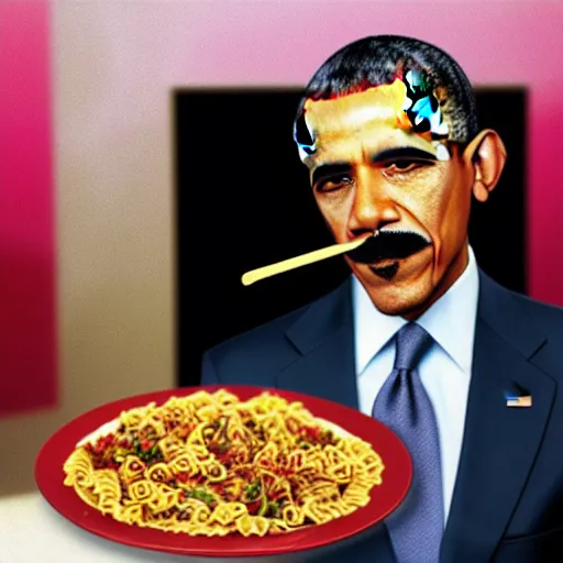 Prompt: Obama with a mustache eating pasta, vaporwave