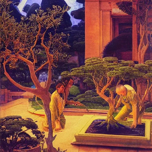 Image similar to Old African gardener cutting bonsai trees, isyllic Garden, by Annie Swynnerton and Nicholas Roerich and jean delville, glowing paper lanterns, strong dramatic cinematic lighting , ornate tiled architecture, lost civilizations, smooth, sharp focus, extremely detailed