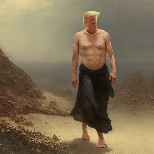 Prompt: Donald Trump in underwear, hyperrealism, no blur, 4k resolution, ultra detailed, style of Greg Rutkowski, Carlos Schwabe, Dragan Bibin, Carl Spitzweg, Georges Desvallières, Tyler Edlin