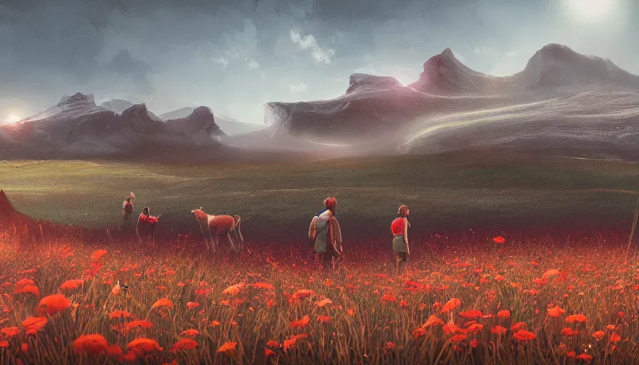 Prompt: solar eclipse in iceland, field with grass and red flowers, wind, forest, deer, matte painting, art station, simon stalenhag