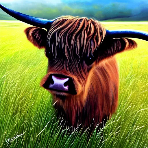 Prompt: cute baby scottish highland cow mucklecoo with long shaggy fur in field of long green grass at sunrise ultra detailed photo realistic painting 8k