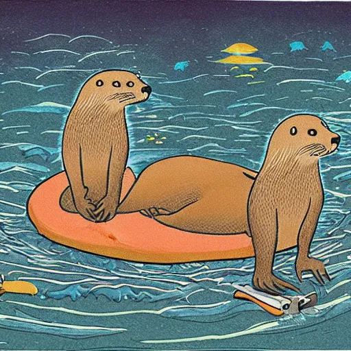 Prompt: storybook illustration of a river otter and a sea otter having a picnic