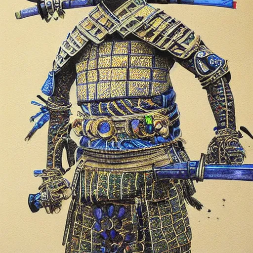 Image similar to oscar ukonu, beautiful samurai made with blue african ball point pen