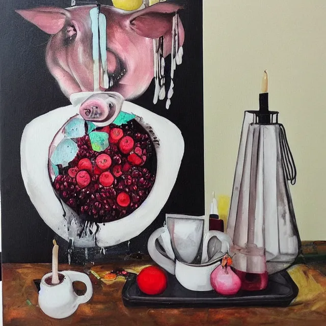 Image similar to “ a portrait in a female art student ’ s apartment, sensual, a pig theme, pork, pottery supplies, pottery work in progress, a candle dripping white wax, pottery glaze, squashed berries, berry juice drips, acrylic and spray paint and oilstick on canvas, surrealism, neoexpressionism ”