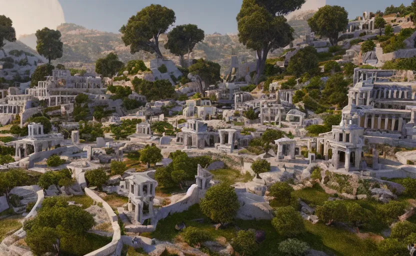 Image similar to ancient greek inspired robotic village, white, purple roofs, beams, tubes, pipes, built on a steep hill, on top of the hill is a greek temple, pillars, technology, in the style of Pixar, hyper realistic, Unreal Engine 5, octane render, trending on art station