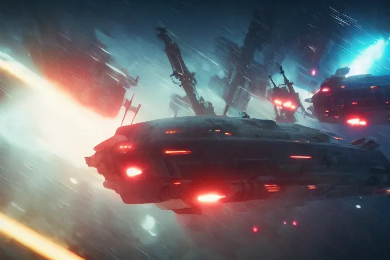 Prompt: attack ships on fire off the shoulder of orion, in the style of sci - fi fantasy and blade runner cyberpunk, ridley scott, epic composition, dramatic lighting, octane render