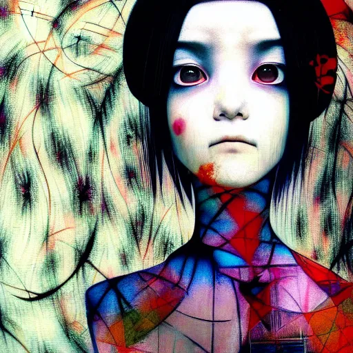 Image similar to yoshitaka amano blurred and dreamy three quarter angle portrait of a young woman with white hair and black eyes wearing dress suit with tie, playstation 2 horror game, junji ito abstract patterns in the background, satoshi kon anime, chungking express color palette, noisy film grain effect, highly detailed, renaissance oil painting, weird portrait angle, blurred lost edges