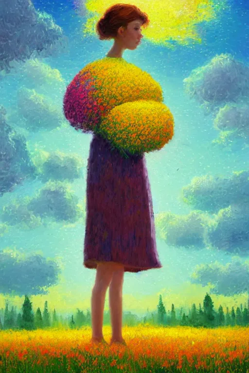 Image similar to girl with huge flower as a face, standing in a flower field, big trees, sunrise dramatic light, impressionist painting, colorful clouds, digital painting, pointillism, artstation, simon stalenhag
