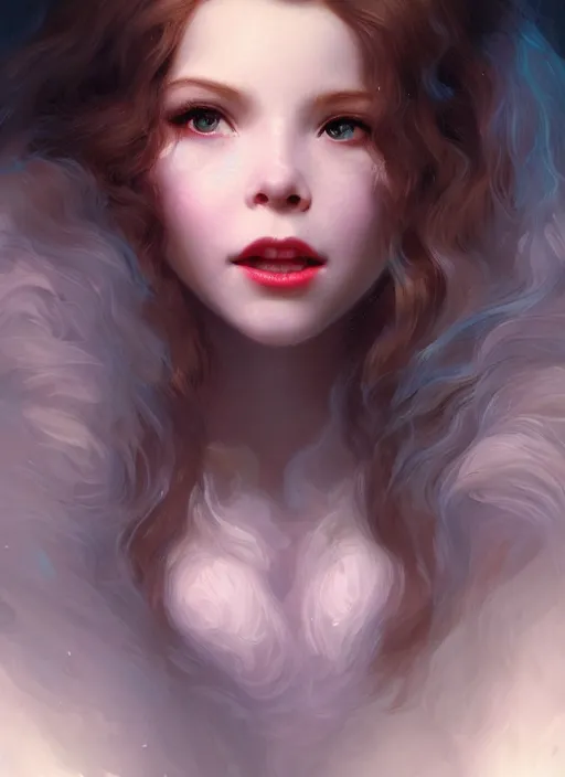 Image similar to of dark fantasy, young beautiful Belle Delphine, close up face portrait, medium shot, intricate, elegant, warm light, highly detailed, digital painting, volumetric light, artstation, concept art, smooth, sharp focus, illustration, art by Gil Elvgren and Adolf Wölfli and bruce pennington
