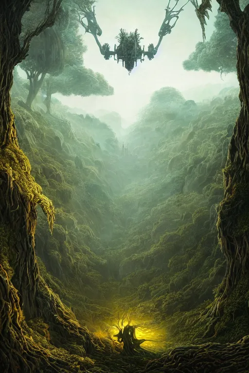 Image similar to a beautiful digital illustration painting of a detailed gothic fantasy valley and forest dragon technology scifi robot encroaching up nature fey unseelie, by benoit b. mandelbrot, steven belledin, martin johnson heade, lee madgwick, caspar david friedrich, and david rios ferreira. 8 k resolution trending on artstation concept art digital illustration