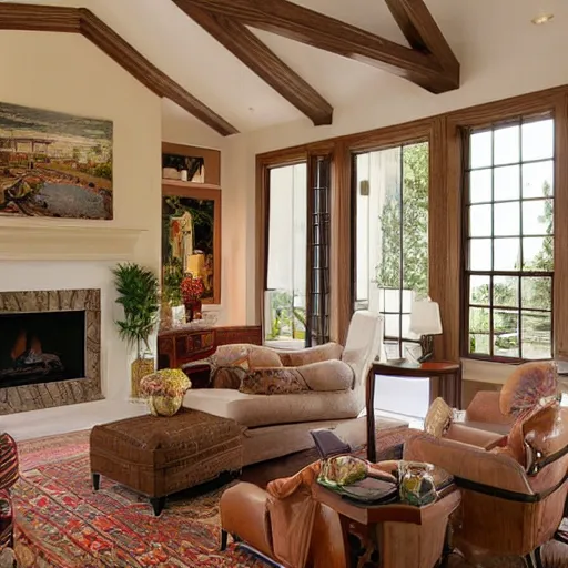 Prompt: beautiful traditional architecture living room, souther california, christopher alexander, don ruggles, expensive but tasteful and subtle, medium sized, windows on 2 sides, harmony, a pattern language, award winning architectural photo, 4 k high res,