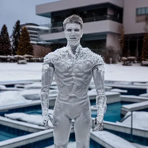 Image similar to made of ice, a realistic detailed photo of a guy who is an attractive humanoid who is half robot and half humanoid, who is a male android, on display, blank stare, showing off his muscles, shiny skin, posing like a statue, by the pool, frozen ice statue, f 1 driver max verstappen, humanoid robot