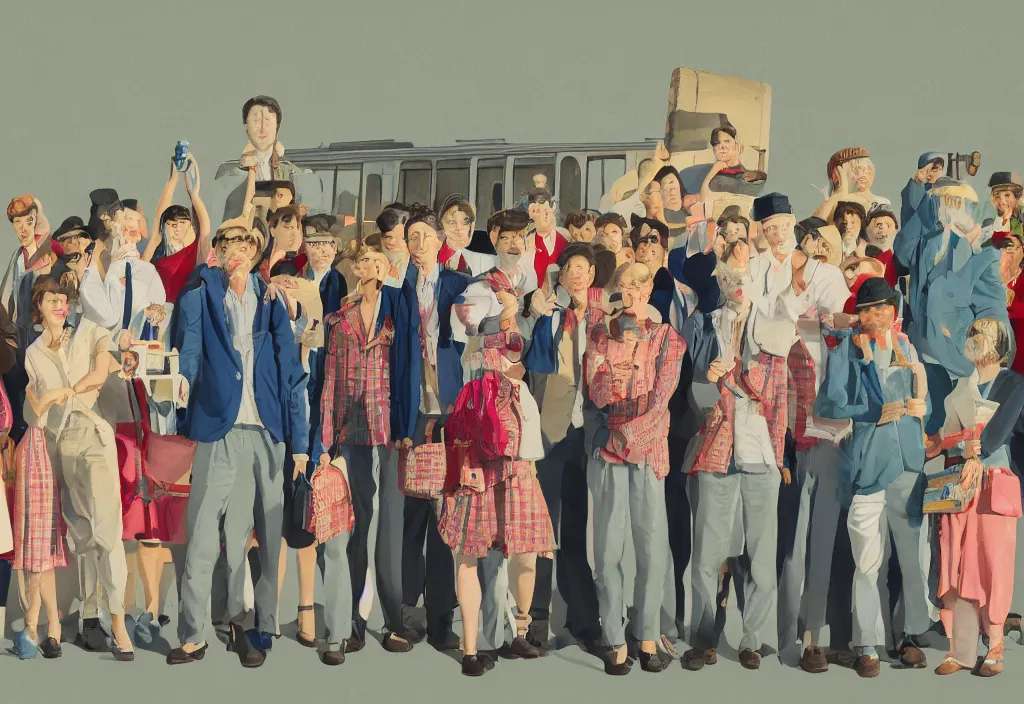 Image similar to full body portrait of a group, a row of a several european tourists getting off a tour bus, standing with a variety of poses and props, several character designs, sightseeing in rural japan, a detailed painting, in the style of wes anderson, lola dupre, david hockney, isolated on negative white space background dark monochrome neon spraypaint accents volumetric octane render