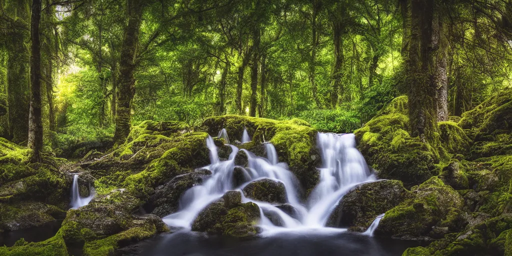 Image similar to a secret glade with waterfall, cinematic lighting, wide angle landscape photography, hyperrealistic, 8k