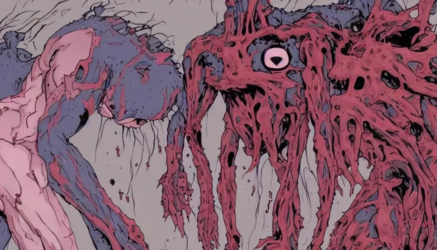 Image similar to a disgusting and vile monster eating a person, neon genesis evangelion inspired, The Thing, Horror necro-morph by Cronenberg and greg nicotero special effects