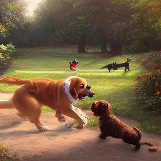 Image similar to a whimsical illustration of a dog park, by Peter Mohrbach and Mark Keathley