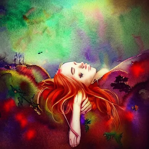 Prompt: “album cover very beautiful watercolor painting of redhead girl laying on a ground in a magic forest in a cyberpunk pixelsorting style”