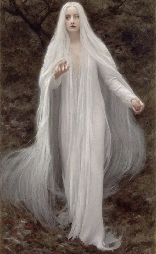 Prompt: say who is this with silver hair so pale and wan! and thin!? female angel, wearing white robes flowing hair, pale fair skin, you g face, silver hair, covered!!, clothed!! lucien levy - dhurmer, fernand keller, oil on canvas, 1 8 9 6, 4 k resolution, aesthetic!, mystery