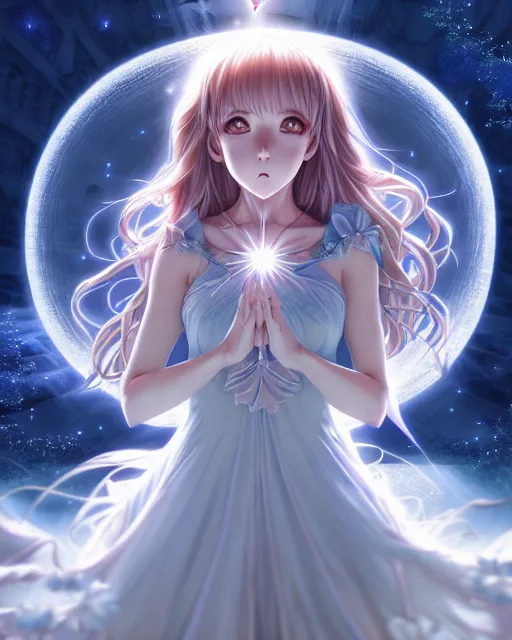 Image similar to beautiful good witch, symmetrical face and body, full moon night, anime style only, wallpaper aesthetic, joyful, cinematic, dramatic, super detailed and intricate, hyper realistic, 4 k render, by artgerm, by kyoung hwan kim, by ralph mcquarrie, by yoshiyuki tomino