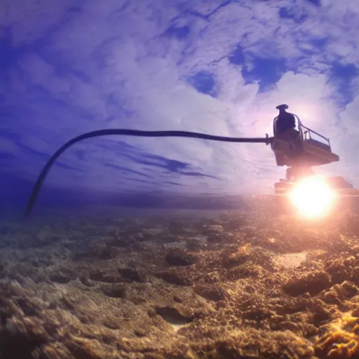 Prompt: ultrawide shot backlit ploughing the seabed underwater photo on gopro