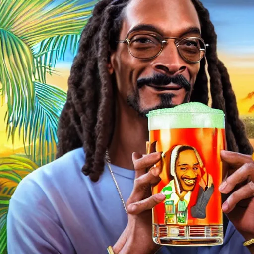 Prompt: a closeup photorealistic photograph of happy snoop dogg at trader vic's bar holding a trader vic's tiki mug that features the face of snoop dogg. brightly lit scene. this 4 k hd image is trending on artstation, featured on behance, well - rendered, extra crisp, features intricate detail, epic composition and the style of unreal engine.