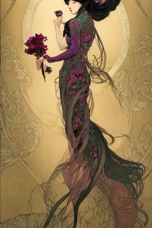 Image similar to full length portrait of a beautiful mysterious chinese fairy holding bouquet of flowers by eve ventrue, michael carson, andreas rochas, john watkiss, casey weldon, artgerm. art nouveau. tarot card by mucha. gloomhaven. swirly intricate linework background. gaudy colors, sharp edges. octane render