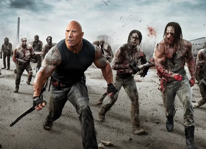 Image similar to film still of dwayne the rock johnson fighting zombies in the new walking dead tv series, 4 k