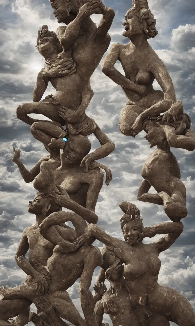 Prompt: massive mess of Kajuraho sculptures melted in a organic form all together become real beautiful human realistic bodies practising kamasutra in the clouds, celestial light, photo real, by luis ricardo molero ,trending on artstation , rule of thirds, Highly detailed, anatomically correct, dramatic lighting,