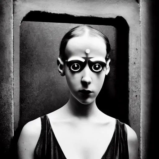 Prompt: old monochrom portrait photography of a beautiful cyclops girl with a single eye wearing a black dress, in a victorian interior, by man ray, alfred ghisoland, gemmy woud - binendijk, erwin olaf, 4 k,