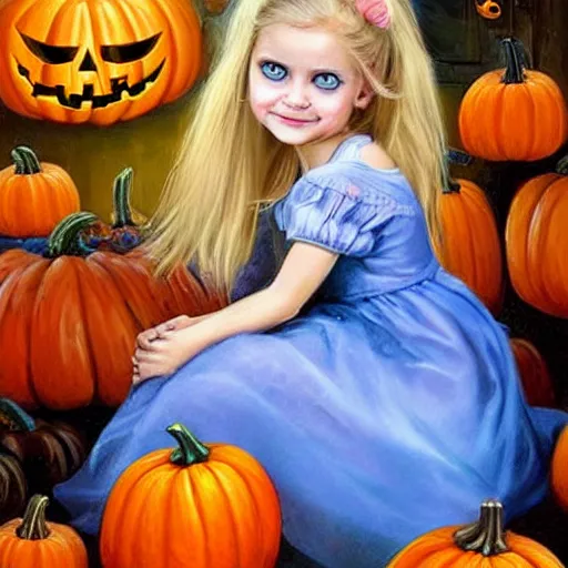 Image similar to a cute happy little girl with long golden blonde hair and blue eyes wearing a sky blue dress sitting amidst halloween decor, pumpkins, skulls. beautiful painting by raymond swanland and magali villanueve, beautiful detailed face.