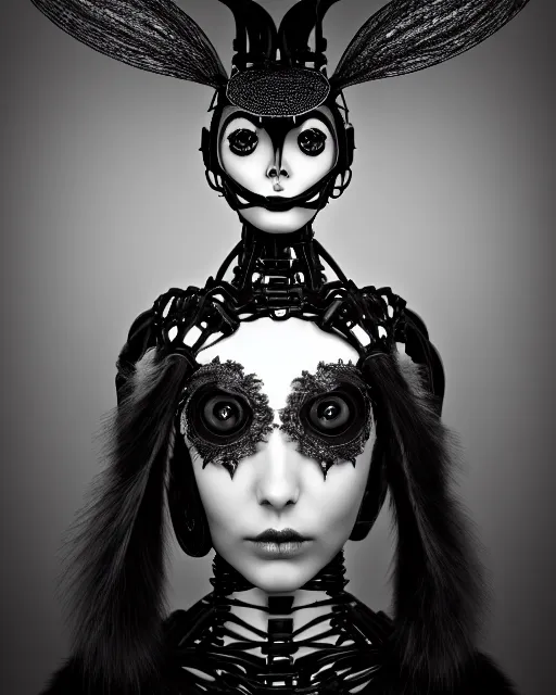 Prompt: surreal mythical dreamy dark artistic black and white fine art 3 / 4 fashion portrait photo of a young beautiful delicate female robot - witch - owl with orchid - doll face, rim light, cinematic, studio dramatic light, poetic, masterpiece, octane render, 8 k, photo - realistic by gustave dore hg giger