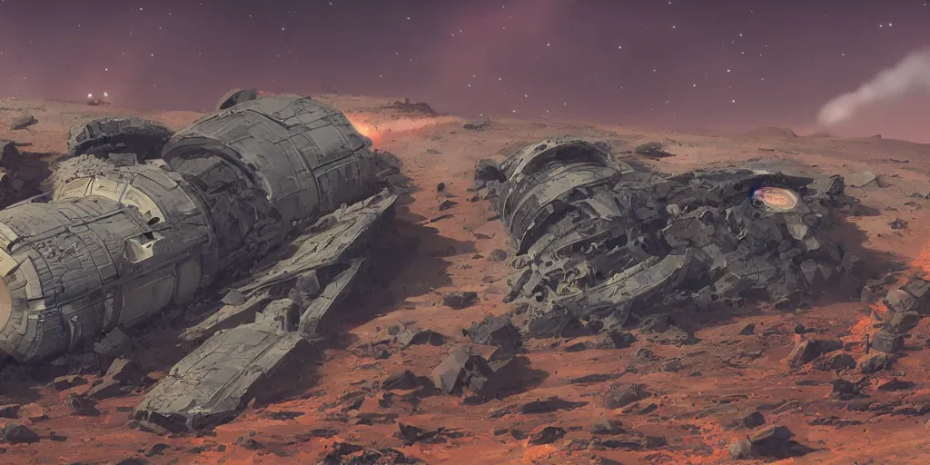 Image similar to crashed space freighter rocky terrain smoking barren wastes