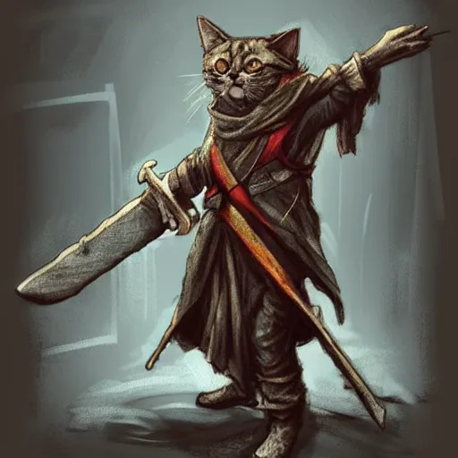 Prompt: dirty humanoid homeless cat wearing rags, wielding a broadsword, concept art, d & d, fantasy, trending on artstation