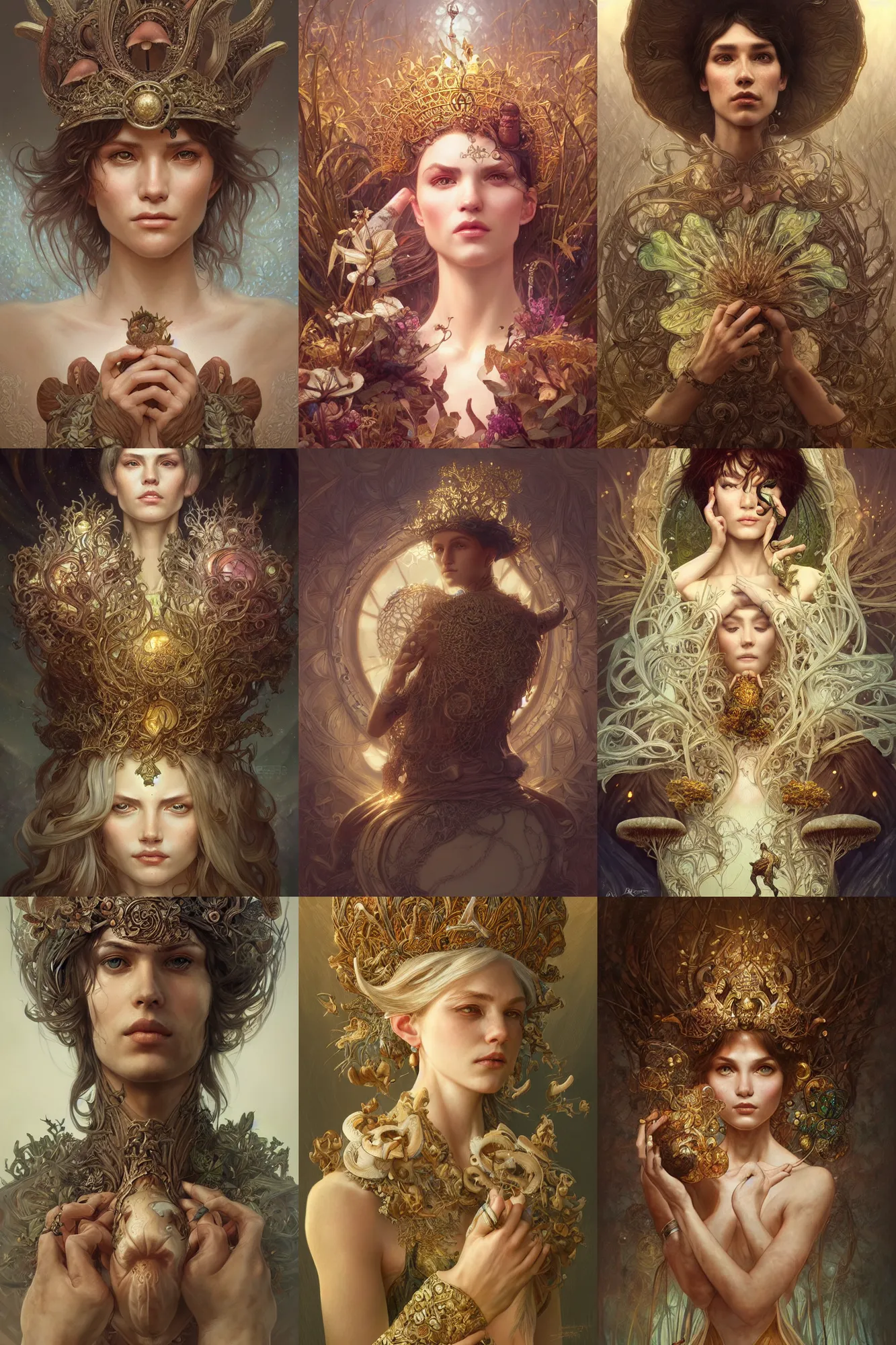 Prompt: Ultra realistic illustration portrait, the mushroom king, fantasy, intricate, elegant, highly detailed, digital painting, artstation, concept art, smooth, sharp focus, illustration, art by artgerm and greg rutkowski and alphonse mucha